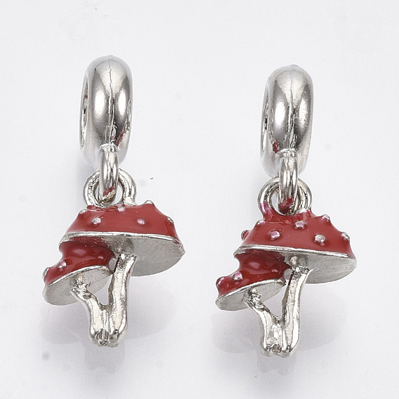 Alloy European Dangle Charms, with Enamel, Large Hole Pendants, Mushroom, Red