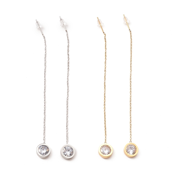 Crystal Rhinestone Flat Round Long Dangle Stud Earrings, 304 Stainless Steel Ear Thread for Women
