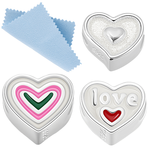 3шт. 3 стили бусин из стерлингового серебра, с эмалью, сердце, с 925 штампом и 1 листом двусторонней замшевой ткани, салфеткой для полировки серебра, серебряный цвет гальваническим