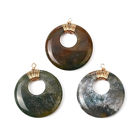 Natural Indian Agate Pendants, with Real 18K Gold Plated Brass Findings, Flat Round