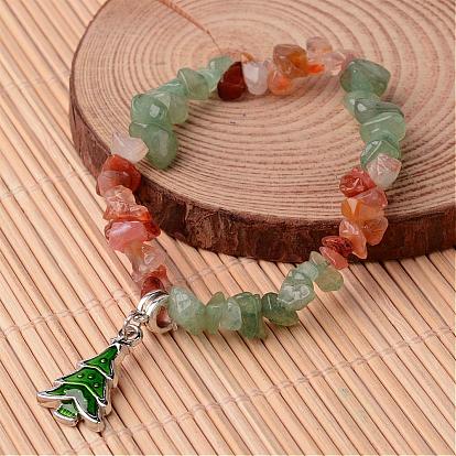 Arbre de noël pierres précieuses naturelles bracelets perles stretch, avec des pendantifs en alliage d'émail, 52mm