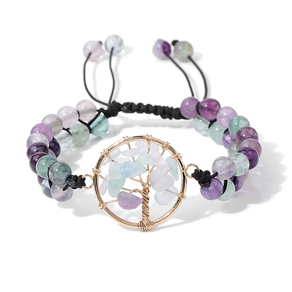 Natural Stone Beaded Double-layer Bracelet with Tree of Life Charm, Adjustable for Men and Women