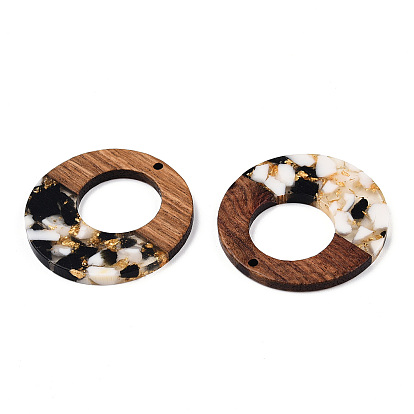 Transparent Resin & Walnut Wood Pendants, with Gold Foil, Donut Charms