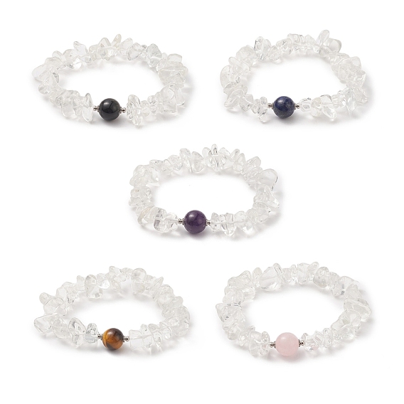 Natural Quartz Crystal Chips & Mixed Gemstone Stretch Bracelet for Women