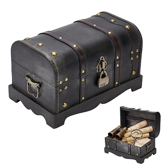 1Pcs Vintage Wooden Jewelry Treasure Chest Packaging Boxes for Trinkets, Rectangle with 1Pc Metal Locks, Antique Bronze