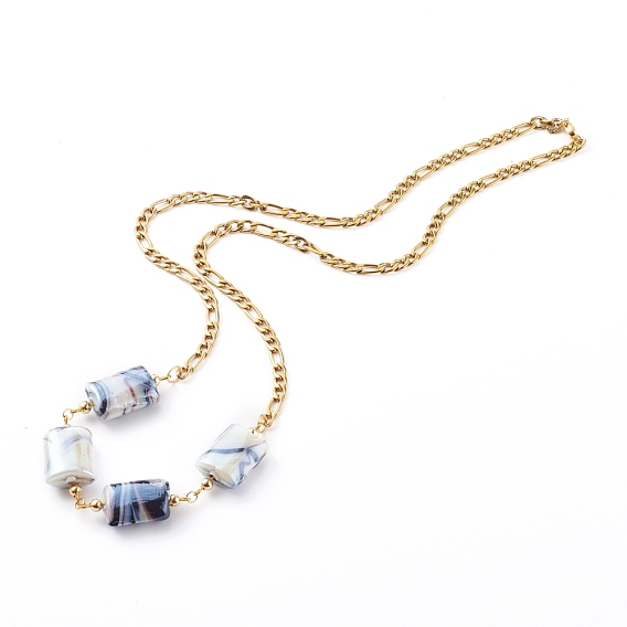 Handmade Lampwork Beaded Necklaces, with 304 Stainless Steel Figaro Chains, Rectangle, Colorful