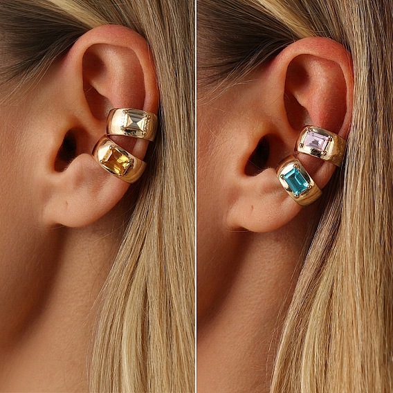 Zinc Alloy & Glass Cuff Earrings for Women, Rectangle, Golden