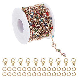 1цепочки из латунного стекла в форме сердца, с катушкой, пайки, с 30шт. 304 открытыми соединительными кольцами из нержавеющей стали и 10шт. 304 карабинами из нержавеющей стали