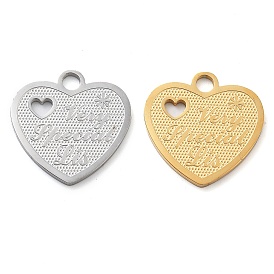 304 Stainless Steel Pendants, Laser Cut, Heart with Flower & Word Charm