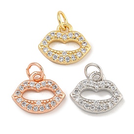 Rack Plating Brass Micro Pave Clear Cubic Zirconia Charms, Lead Free & Cadmium Free,  Long-Lasting Plated, Lip