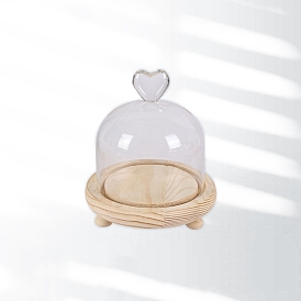 Heart Glass Dome Cover, Decorative Display Case, Cloche Bell Jar Terrarium with Wood Base, for DIY Preserved Flower Gift