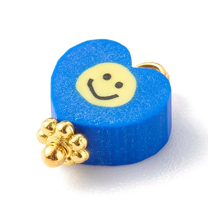 Handmade Polymer Clay Charms Pendant, with Golden Iron Eye Pin and Brass Beads, Heart with Smiling Face