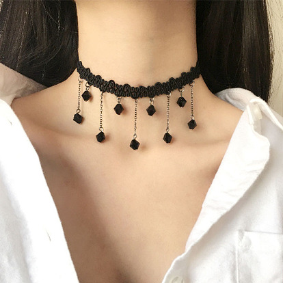 Handmade Black Crystal Fringe Lace Choker Necklace with Tassel Decoration