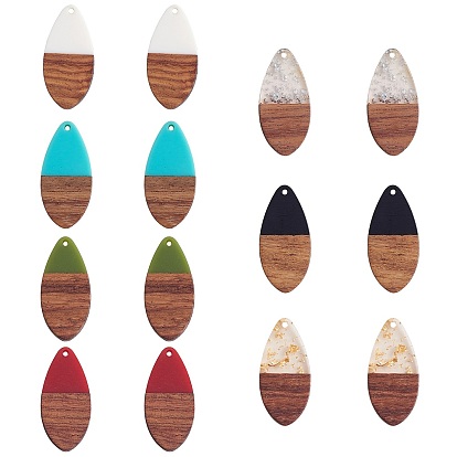 14Pcs 7 Styles Opaque Resin & Transparent Foil Resin Pendants, with Walnut Wood, Teardrop Charm