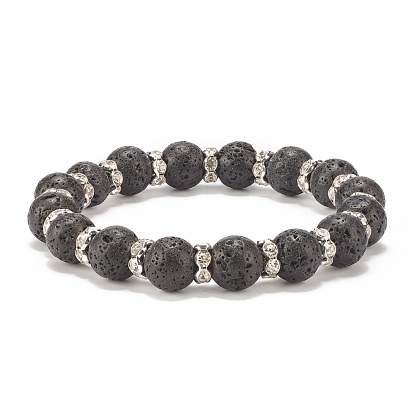 Natural Lava Rock Stretch Bracelet with Crystal Rhinestone Beads, Essential Oil Gemstone Jewelry for Women