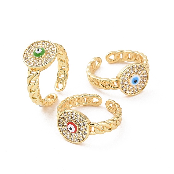 Real 18K Gold Plated Brass Micro Pave Cubic Zirconia Open Rings, Enamel Evil Eye Cuff Rings for Women