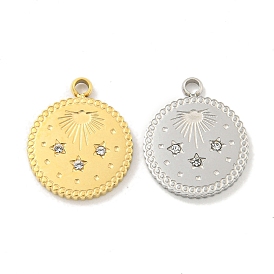 Vacuum Plating 304 Stainless Steel Pendants, with Crystal Rhinestone, Flat Round with Star/Sun Charms