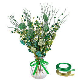 8Pcs 2 Styles Silk Cloth Artificial Clover Cuttings, for Saint Patrick's Day, 2 Rolls 2 Colors Single Face Satin Ribbon