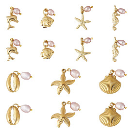 14Pcs 7 Styles 316 Surgical Stainless Steel & 304 Stainless Steel Pendants, with Natural Cultured Freshwater Pearl, Ocean Theme Charms, Mixed Shapes