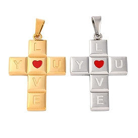 304 Stainless Steel Enamel Pendants, Cross with Word Love You Charm