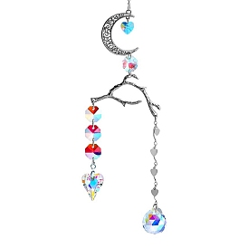 Alloy Moon & Branches Hanging Ornaments, Glass Round/Heart Tassel Suncatchers for Garden Outdoor Hanging Decorations