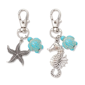 2Pcs Tortoise Synthetic Turquoise Pendant Decoration, Sea Horse & Starfish Alloy Charms for Backpack Key Chain Ornaments