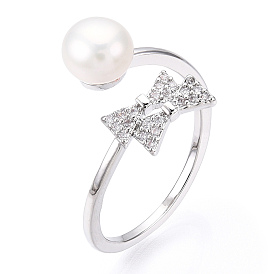 Natural Pearl Finger Open Cuff  Ring Micro Pave Clear Cubic Zirconia, Brass Finger Rings, Bowknot