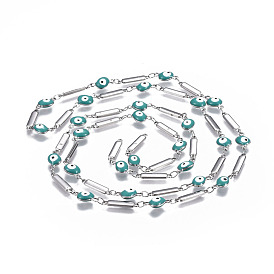 304 Stainless Steel Enamel Chains, Soldered, Rectangle and Flat Round Evil Eye, Stainless Steel Color