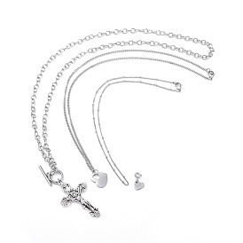 304 Stainless Steel Pendant Necklaces Sets, with Cable Chains, Curb Chains, Toggle Clasps and Alloy Pendants, Crucifix Cross and Heart, For Easter