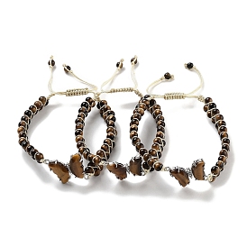 Natural Gemstone Braided Round Bead Bracelets, Adjustable Brass Gems Butterfly Bracelets for Women