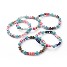 Stretch Bracelets, with Gemstone Beads, Polymer Clay Heishi Beads and Alloy Spacer Beads