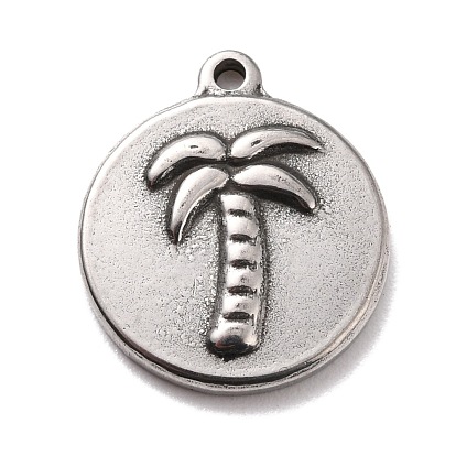 Pendentifs en acier inoxydable, , rond et plat avec des arbres de noix de coco