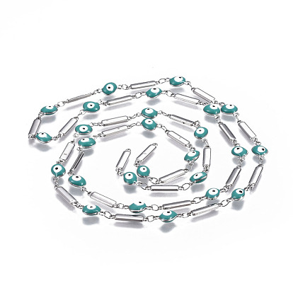 304 Stainless Steel Enamel Chains, Soldered, Rectangle and Flat Round Evil Eye, Stainless Steel Color