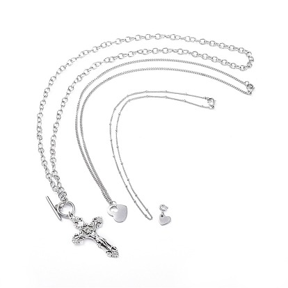 304 Stainless Steel Pendant Necklaces Sets, with Cable Chains, Curb Chains, Toggle Clasps and Alloy Pendants, Crucifix Cross and Heart, For Easter