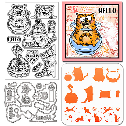Тема котенка 1 трафареты для резки из углеродистой стали, для diy scrapbooking, Фотоальбом, декоративная бумага для тиснения, с 1прозрачными штампами из ПВХ и 1трафаретами для рисования из ПК