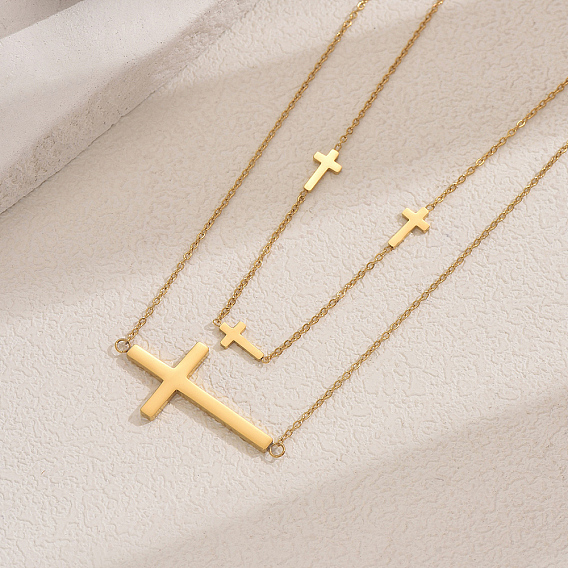 201 Двухслойное ожерелье с крестом из нержавеющей стали в стиле хип-хоп-панк