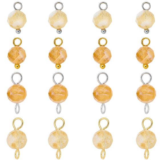 16Pcs 4 Styles November Birthstone Natural Yellow Quartz Pendant and Connector Charms, Round, with Brass Findings