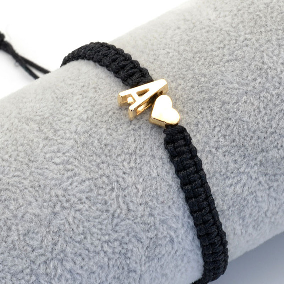 Браслеты из плетеных бусин из сплава, Браслеты из хлопкового шнура, плетеные для пары., сердце и алфавит, чёрные, золотые