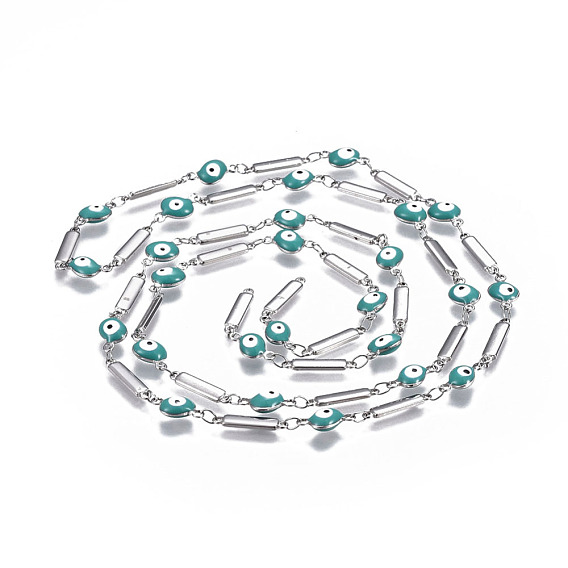 304 Stainless Steel Enamel Chains, Soldered, Rectangle and Flat Round Evil Eye, Stainless Steel Color