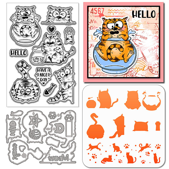 Тема котенка 1 трафареты для резки из углеродистой стали, для diy scrapbooking, Фотоальбом, декоративная бумага для тиснения, с 1прозрачными штампами из ПВХ и 1трафаретами для рисования из ПК