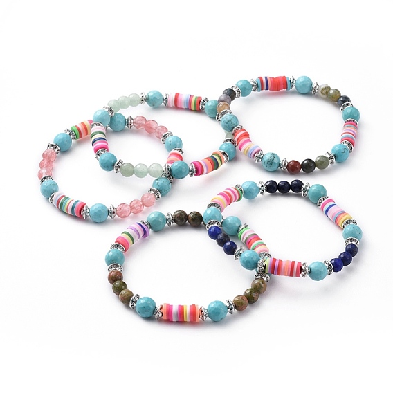 Stretch Bracelets, with Gemstone Beads, Polymer Clay Heishi Beads and Alloy Spacer Beads