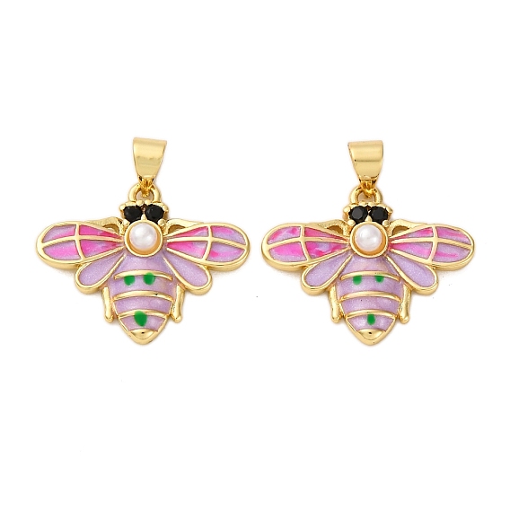 Латунные микро проложить кубического циркония подвески, Пчелы, с эмалью и абс пластика имитация жемчуга, без кадмия и без свинца, стойки покрытие, долговечный