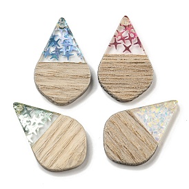 Wooden Pendants, Resin and Gold Foil, Teardrop