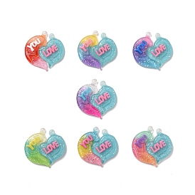 Gradient Color Translucent Resin Pendants, with Glitter Powder, Couple Heart Charm with Word LOVE YOU