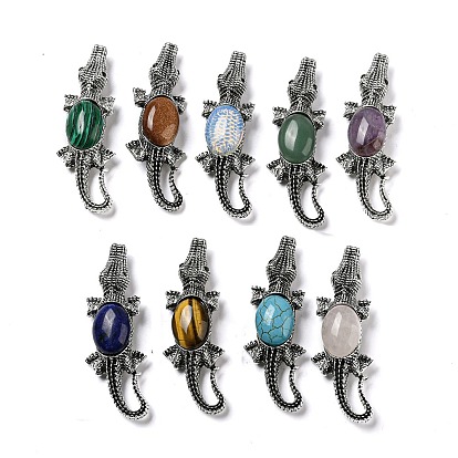 Брошь из сплава с крокодилом из сплава двойного назначения, С камнями, античное серебро