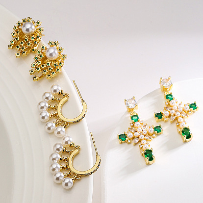 Geometric Pearl Earrings with CZ Stones and 18K Gold Plating