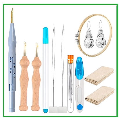 Наборы инструментов для вышивания перфоратором, включая ручку с иглой-перфоратором, ткань, нитевдеватель, пяльцы, игла, резать ножницами, ручка
