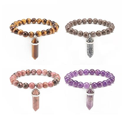 Natural Gemstone Round Beaded Stretch Bracelet with Bullet Shape Charm for Women