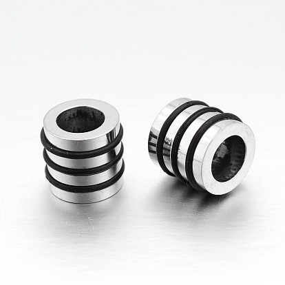 Nice Big Hole 304 Stainless Steel Wrapped Black Rubber Column Beads, 10x10mm, Hole: 6mm