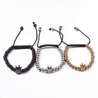 Round 304 Stainless Steel Braided Beaded Bracelets, with Crown Brass Micro Pave Cubic Zirconia Finding, 50~90mm